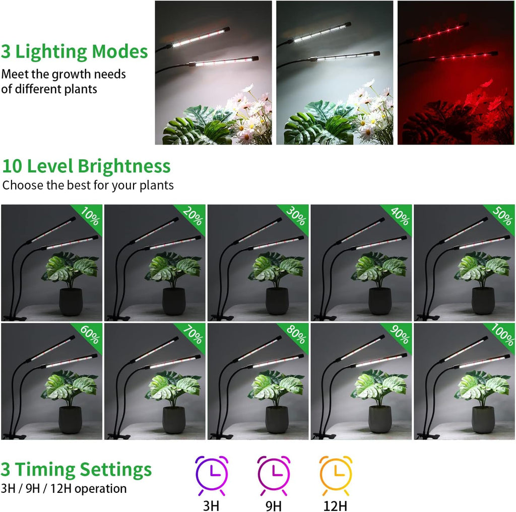 Grow Lights for Indoor Plants, Upgrade 84 LEDs Clip Plant Lights, Full Spectrum LED Plant Growing Lamps with Flexible Gooseneck, 3/9/12H Timer, 3 Spectral Modes, 10 Dimmable Levels (2 Head 1 pack)
