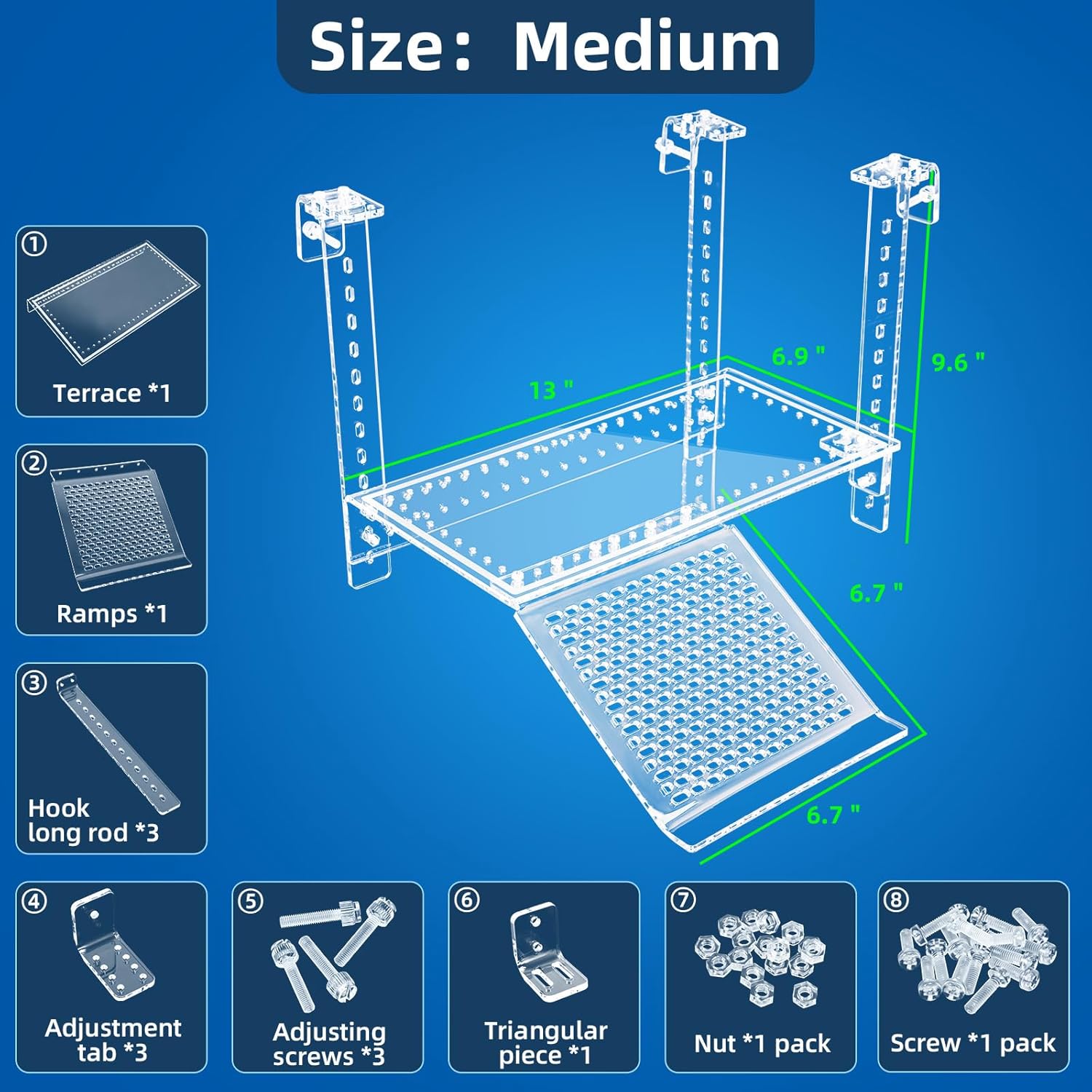 Turtle Docks Large Adjustable Turtle Basking Platform for Aquatic Turtles, Design for Tanks 0.3"-2" Thick, Stable Construction,Slip-Resistant Ramp,Adjustable Ramp Direction (13'' x 6.9'')