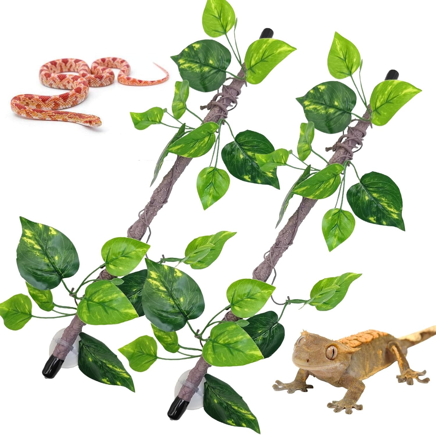 VCEPJH Reptile Climbing Branch Decor 2 Pcs Bendable Jungle Vine with Suction Cup Terrarium Plant Decoration for Gecko Bearded Dragons, Snake,Frogs, Chameleons Cage Accessories (S)