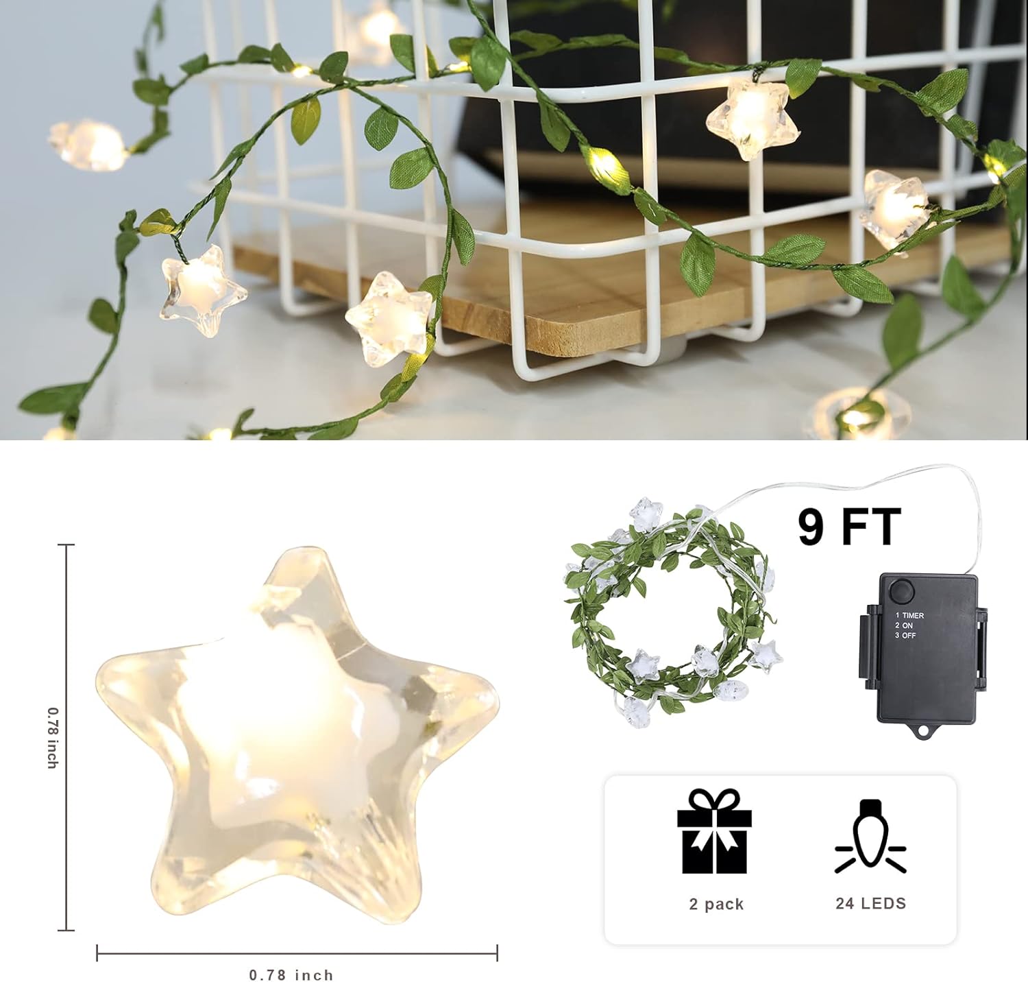 Vigdur 2 Packs Vine String Lights - Tiny Leaf Ivy String Lights with 48 Star Lights Battery Powered Waterproof Fairy Light Indoor Outdoor for Bedroom Party Garden Wall Décor St. Patrick's Day