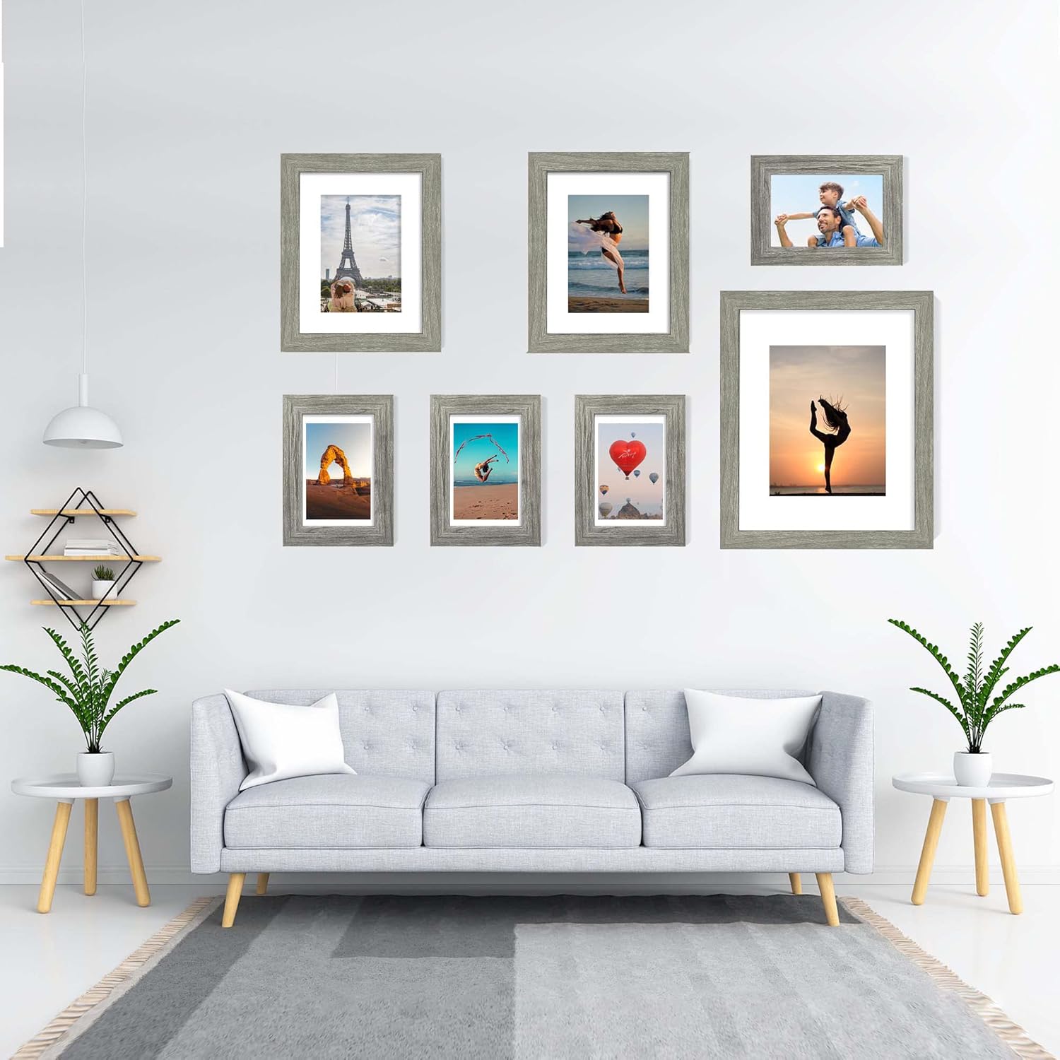 5x7 Picture Frame Set of 4, Made of Real Glass and Grey Wooden Frame, 5 by 7 Photo for Wall or Tabletop - Display Picture 4x6 with Mat or 5x7 Without Mat