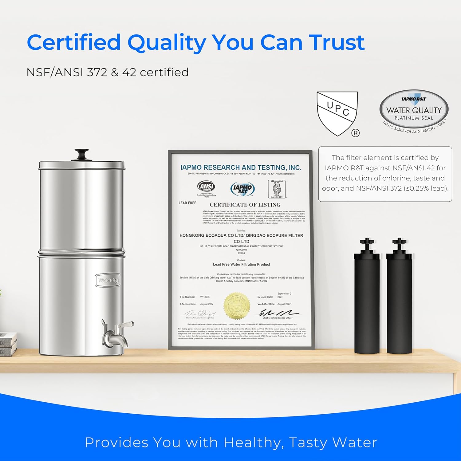 Waterdrop Gravity Water Filter, 2.25G Stainless-Steel System with Silver Ions Enhanced Filtration with 2 Black Carbon Filters, NSF/ANSI 42&372 Standard, Reduces Chlorine for Emergencies