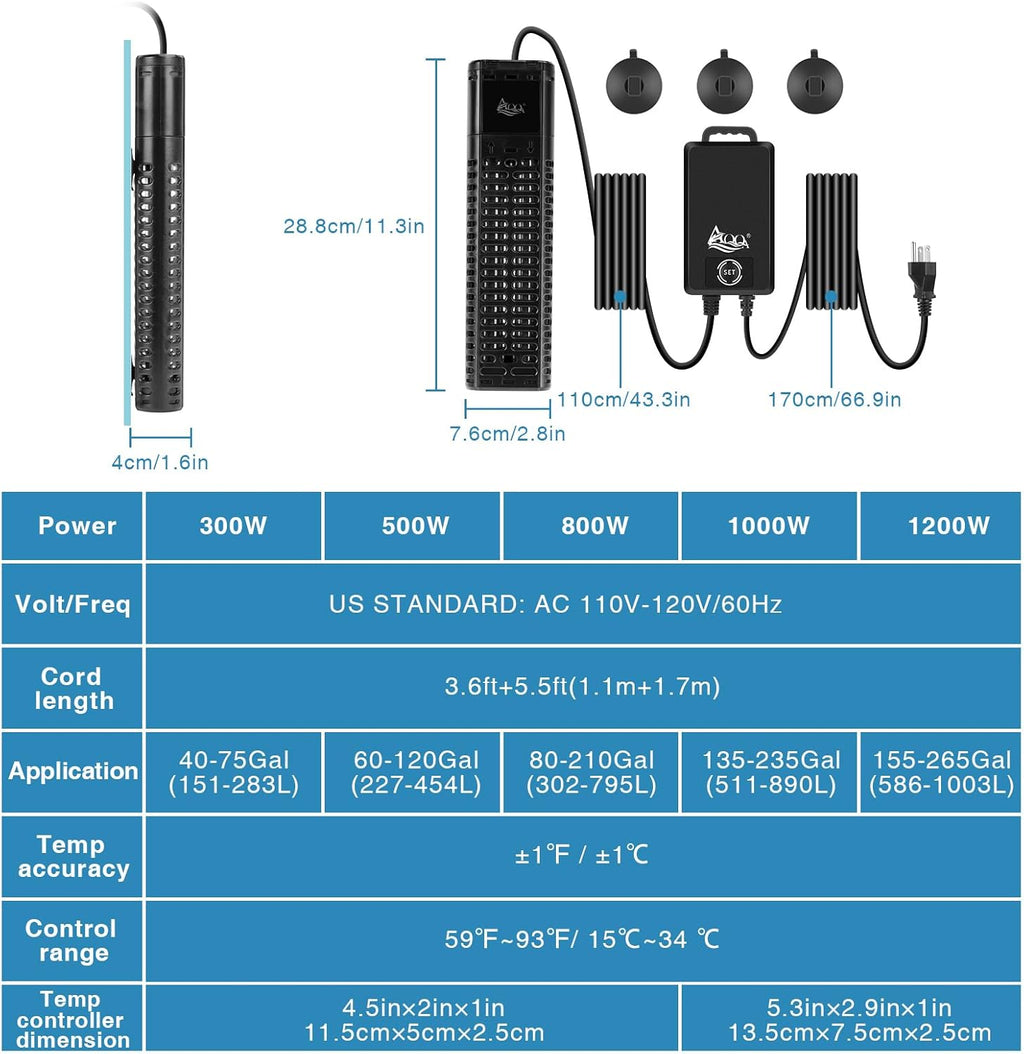 AQQA Aquarium Heater,300W 500W 800W 1000W 1200W Fish Tank Heater,59℉-93℉ Submersible Intelligence Aquarium Heater with Over-Temperature Dry Burning Protection 1200W to 155-265 Gallon