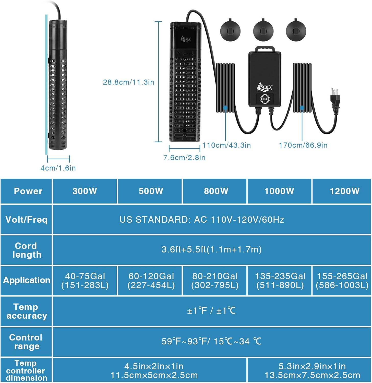 AQQA Aquarium Heater,300W 500W 800W 1000W 1200W Fish Tank Heater,59℉-93℉ Submersible Intelligence Aquarium Heater with Over-Temperature Dry Burning Protection 1200W to 155-265 Gallon