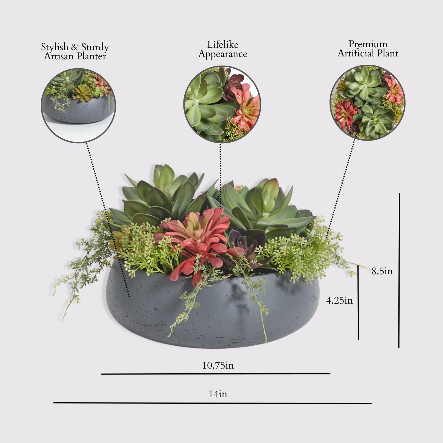 CG Hunter Faux Succulent Arrangement, Premium Artificial Indoor Plant Enhances Interior Design, Display on Any Surface in Your Home Adding an Inviting Touch of Nature, Grey Planter Pot Included