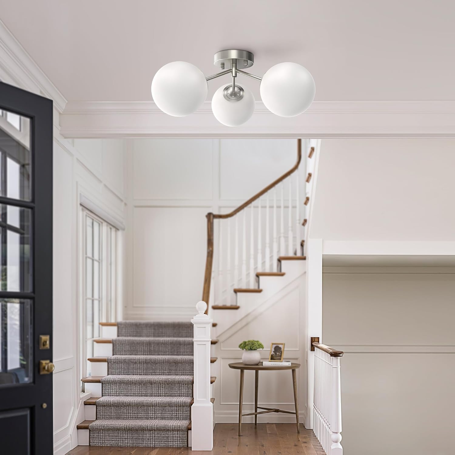 Maxax 17" Nickel Ceiling Light, 3 Lights Modern Flush Mount Fixture with Opal Milk Glass Globe, Mid Century Semi Chandelier, Sputnik Ceiling Lamp for Dining Room, Bedroom, Entryway, Hallway