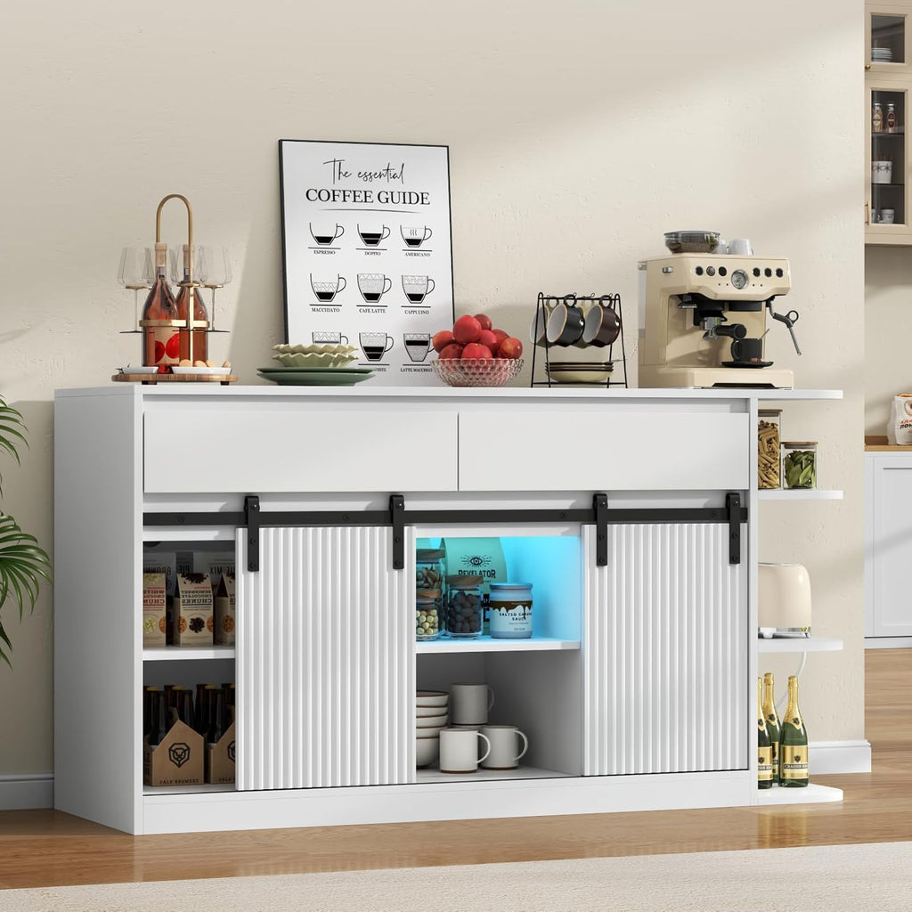 75-120 Fish Tank Stand with Power Outlets, Heavy Duty Aquarium Stand with LED Lights and Sliding Fluted Doors, White Storage Cabinet with 2 Large Drawers for Fish Tank, 1000 LBS Capacity