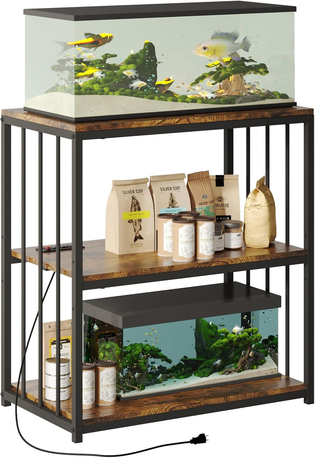 20 Gallon Fish Tank Stand with Power Outlet, Aquarium Stand with Shelf, Metal Reptile Terrarium Tank Stand, 3-Tier Adjustable Storage Shelves, 28''L×15.7''W×30''H, Retro Brown