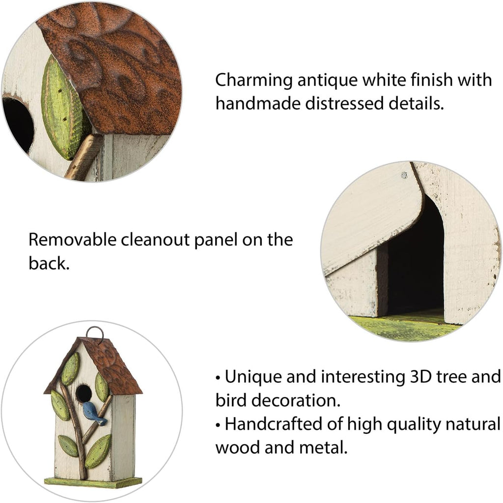 Glitzhome Bird Houses for Outside, 9.7" H Rustic Hanging Birdhouse Decorative Pet Cottage Distressed Wooden Birdhouse with 3D Tree Bluebird House for Outdoor Patio Garden, White
