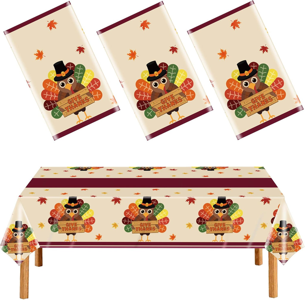 Thanksgiving Turkey Tablecloth Disposable Plastic Table Cover Fall Tablecloths Thanksgiving Table Decor for Friendsgiving Party Decorations 54"x108" 3 Pack