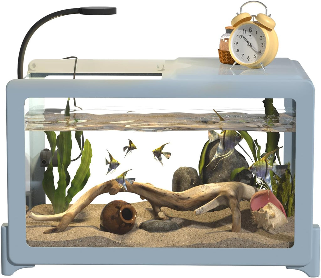 2.6 Gallon Plastic Fish Tank Ultra-Clear Shatterproof Desktop Small Aquarium Filters and Lights Can Be Installed for Betta/Goldfish/Shrimp and Aquatic Planting Fish Bowl (Blue)