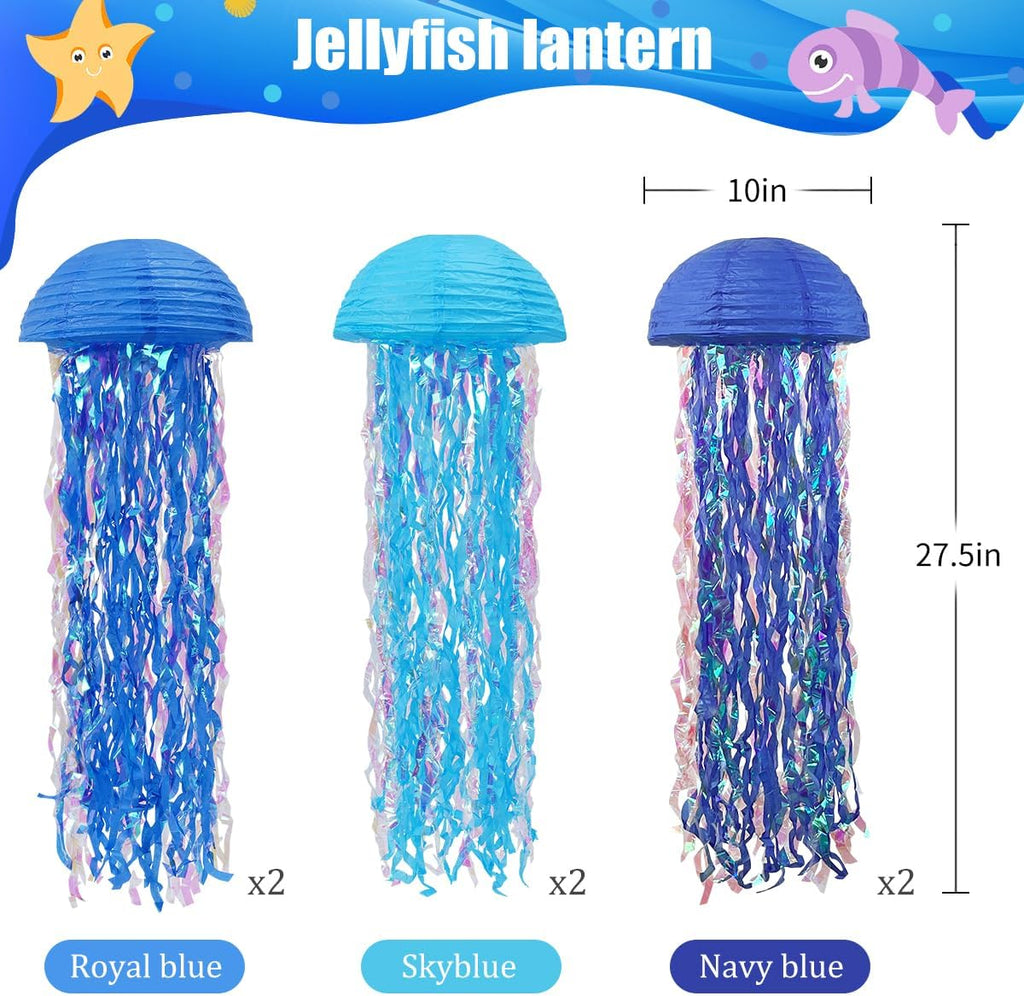 Mermaid Birthday Decorations, Jellyfish Paper Lanterns for Mermaid Party Baby Shower Under The Sea Ocean Blue Birthday Party Decorations Pack of 6 Blue