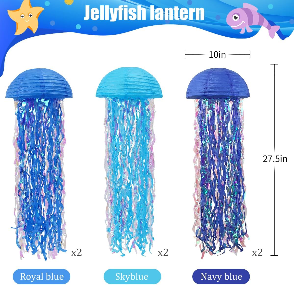 Mermaid Birthday Decorations, Jellyfish Paper Lanterns for Mermaid Party Baby Shower Under The Sea Ocean Blue Birthday Party Decorations Pack of 6 Blue