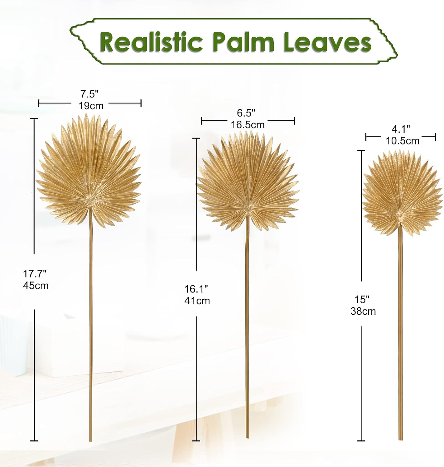 DILATATA 6 Pcs Pu Foam Artificial Gold Palm Leaves Faux Palm Tropical Leaves Fake Palm Fronds for DIY Wedding Bouquets Fake Leaves for Centerpieces Arrangements Palm Leaf for Party Home Decorations