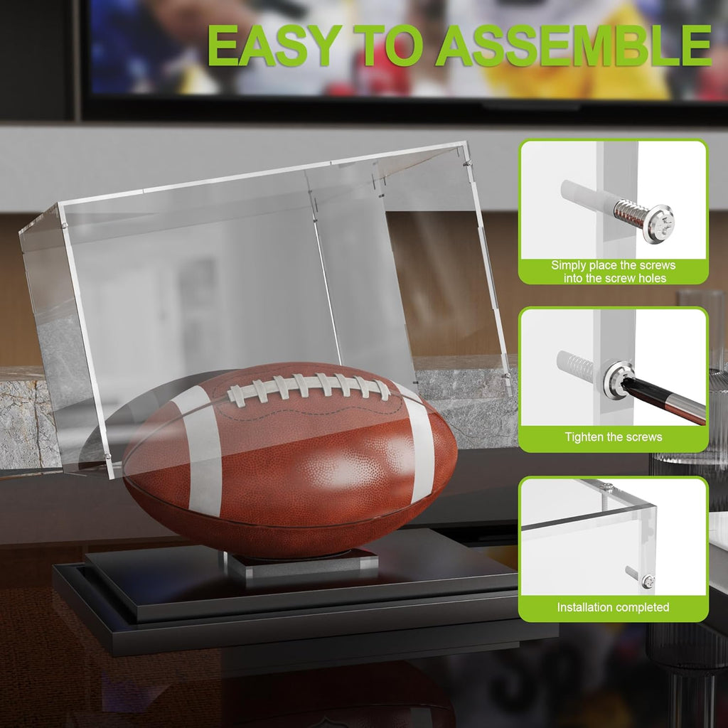 Putros Football Display Case with Mirror and Black Metal Grooved Base Acrylic Football Case with Transparent Removable Built-in Football Display Stand for Autographed Football