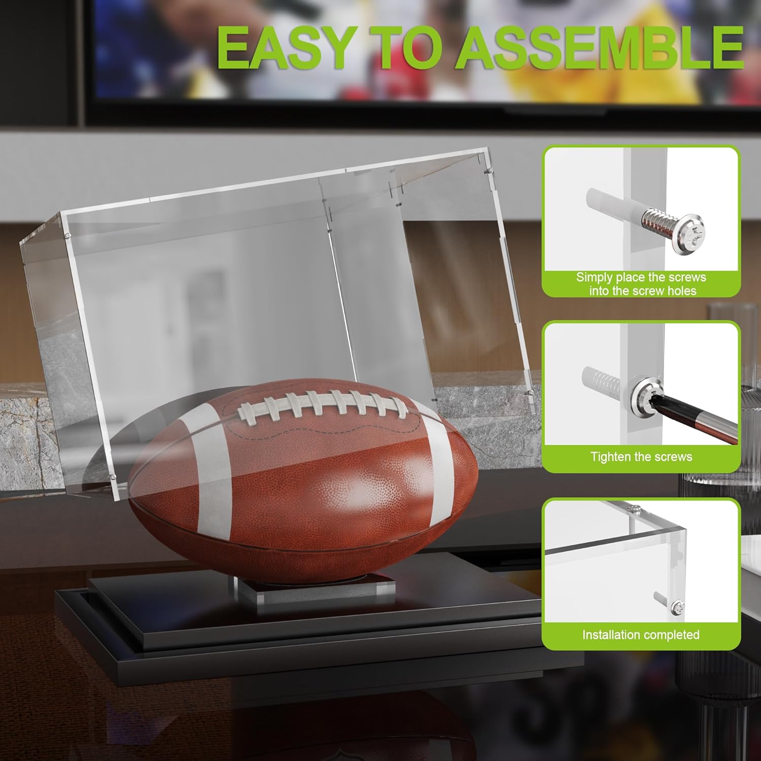 Putros Football Display Case with Mirror and Black Metal Grooved Base Acrylic Football Case with Transparent Removable Built-in Football Display Stand for Autographed Football