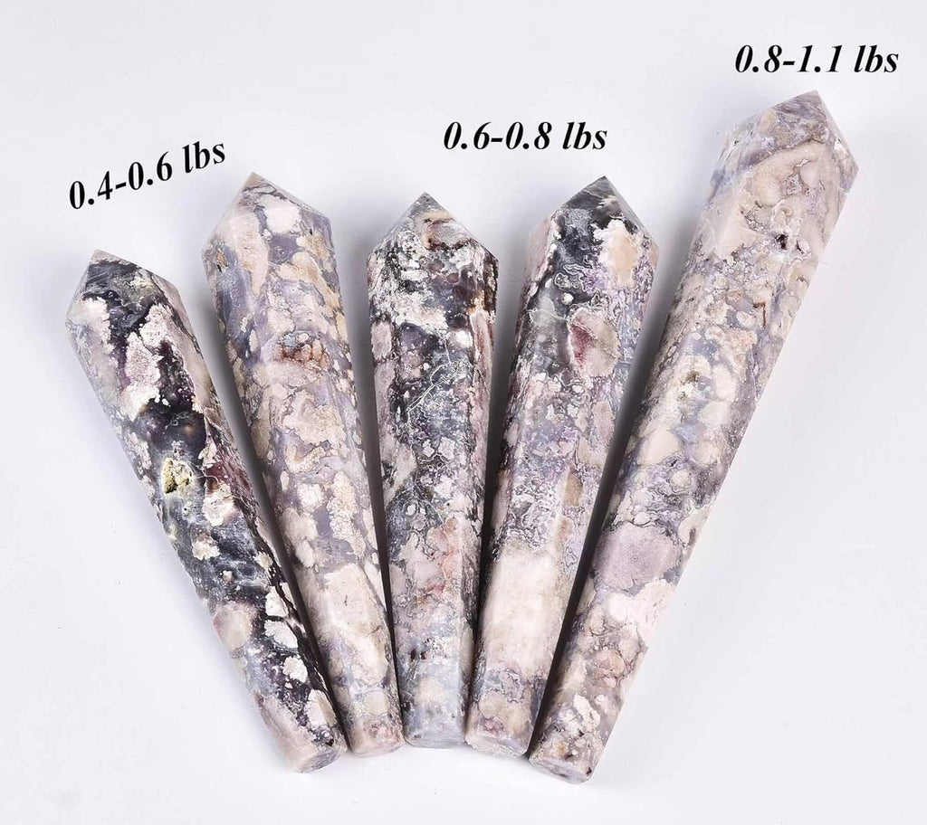 Blue Flower Agate Wand Point Long Healing Crystal Scepter Decorative Stone Reiki Meditation with Display Stand Home Office Decor 0.4-0.6LBS
