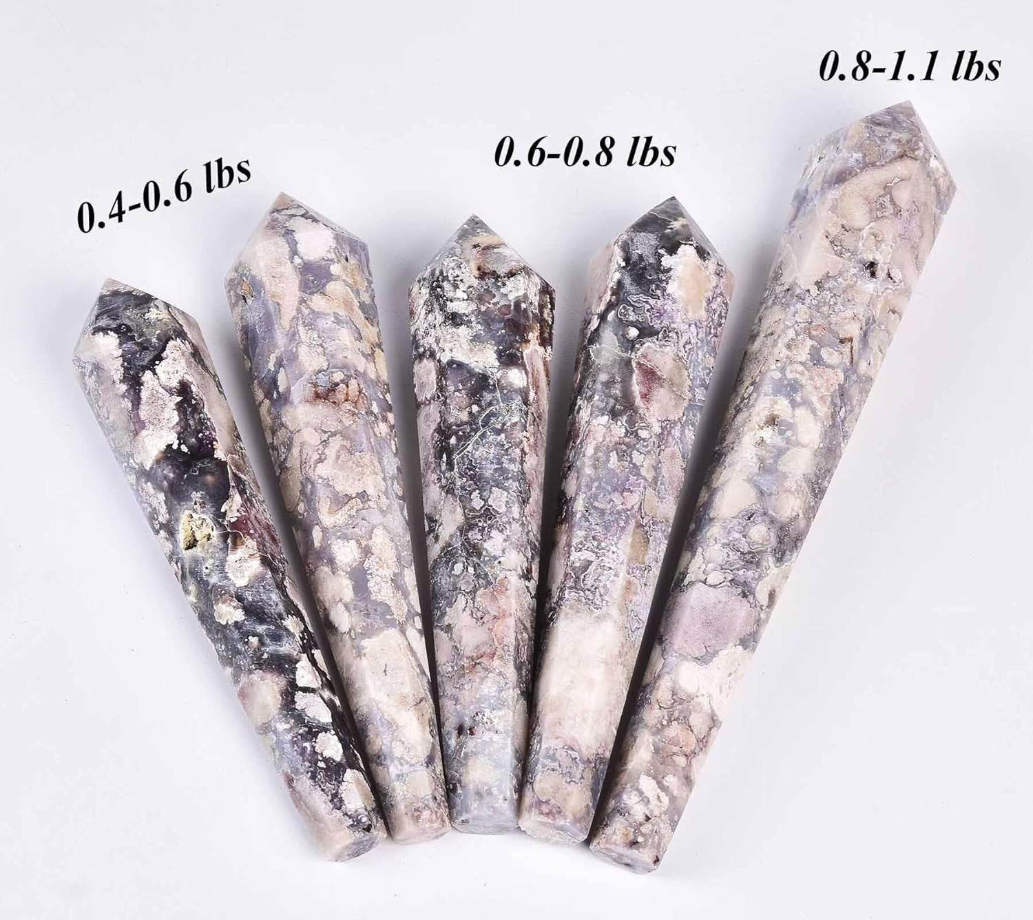 Blue Flower Agate Wand Point Long Healing Crystal Scepter Decorative Stone Reiki Meditation with Display Stand Home Office Decor 0.4-0.6LBS