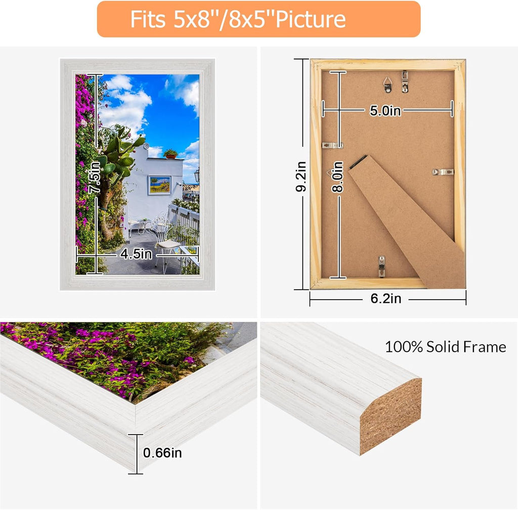 5x8 Wood Frame White, Natural Woodgrain 8x5in Picture Frame, Rustic Wooden 5 x 8inch Gallery Photo Poster Frame with HD Plexiglass, Horizontal Vertical Wall Mounting Tabletop Display 1Pcs