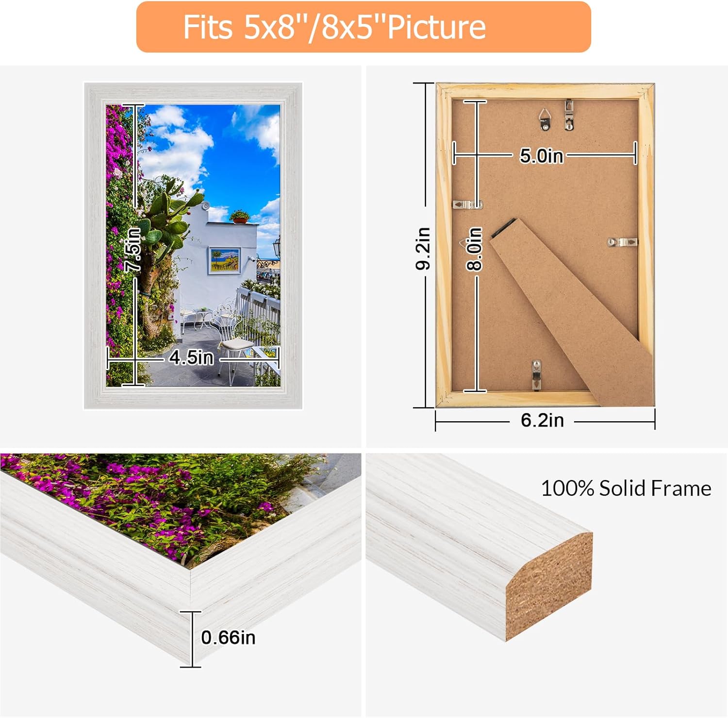 5x8 Wood Frame White, Natural Woodgrain 8x5in Picture Frame, Rustic Wooden 5 x 8inch Gallery Photo Poster Frame with HD Plexiglass, Horizontal Vertical Wall Mounting Tabletop Display 1Pcs