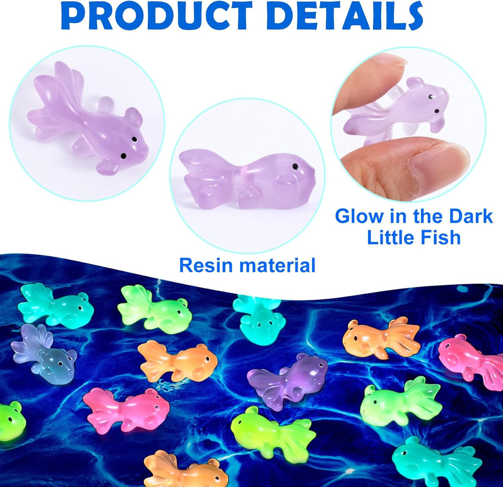 50pcs Mini Resin Fish Glow in The Dark, Mixed Color Miniature Luminous Fish Ornament, Cute Tiny Animal Figures for Aquarium, Landscape, DIY Crafts Decor -Random Color