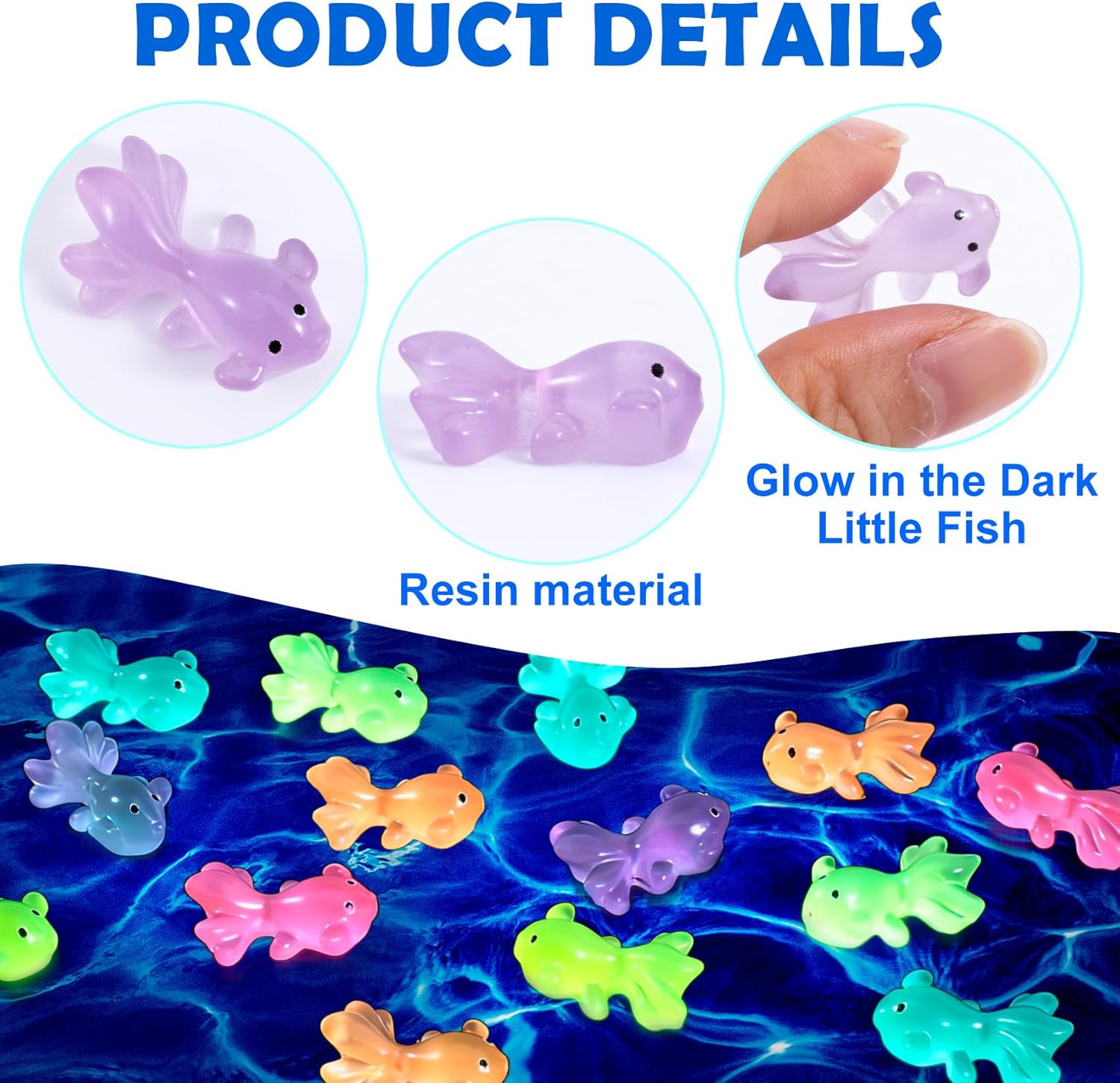 50pcs Mini Resin Fish Glow in The Dark, Mixed Color Miniature Luminous Fish Ornament, Cute Tiny Animal Figures for Aquarium, Landscape, DIY Crafts Decor -Random Color