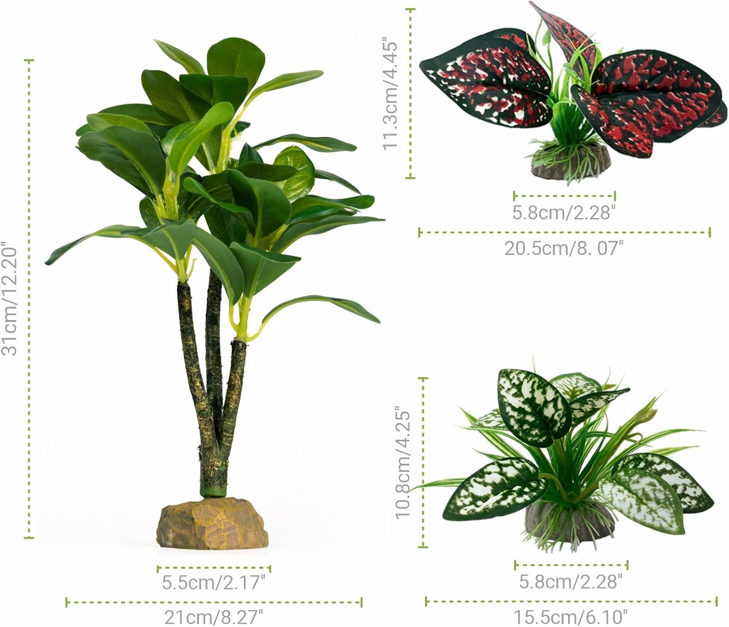 Reptile Artificial Plants, Big Terrarium Plants Decorations Supplies, Aquarium Fish Tank Plants, Amphibian Habitat Hideout Tank Accessories(L Set-3pcs/H)