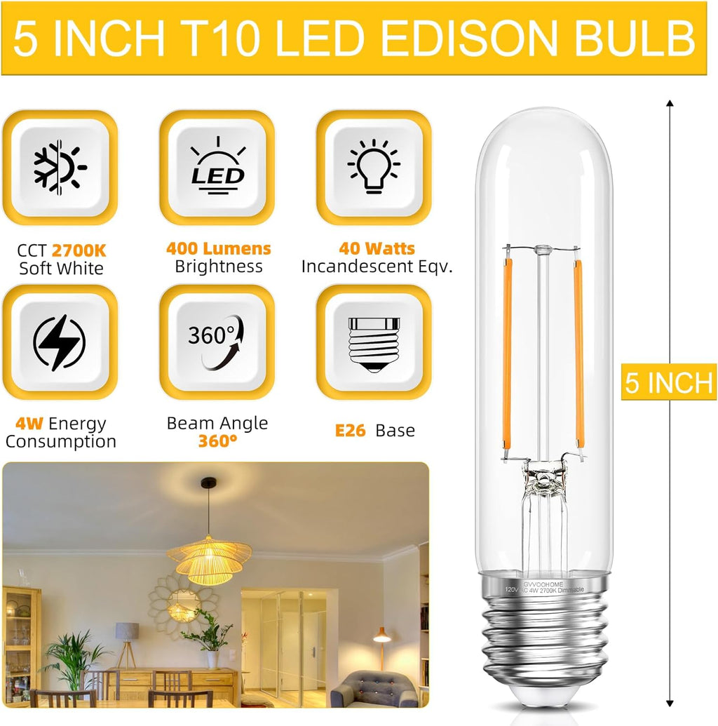 Tubular LED Edison Bulb Dimmable 2700K Warm White, 4W, 40 watt Equivalent, E26 LED Light Bulbs, T10 Edison Bulbs for Chandeliers, Ceiling Fan, 90+CRI 400LM, 6 Pack