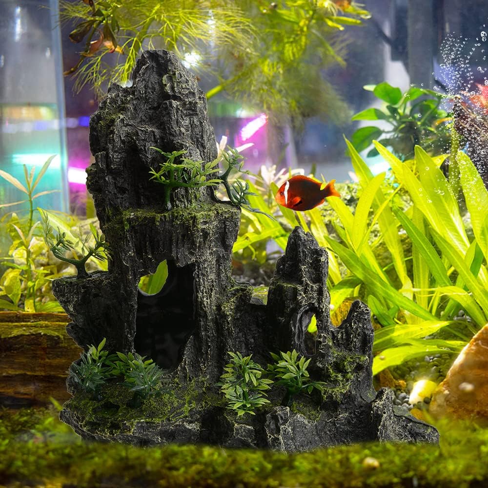 Saim Large and Tall Aquarium Mountain View Stone Decorations, Resin Rocks Aquascaping Cave Ornaments with Plants Fish Tank Accessories Betta Hideout Caves Rockery Landscape 11Inches High