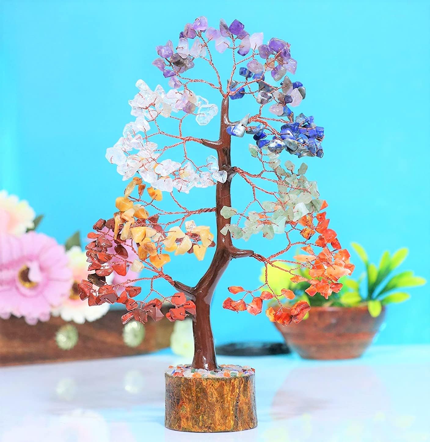 Crocon Chakra Tree of Life Gemstone for Positive Energy Seven Chakra Crystal Tree Healing Stones Feng Shui Money Bonsai Attract Good Luck Home Decoration Ornament Spiritual Gift