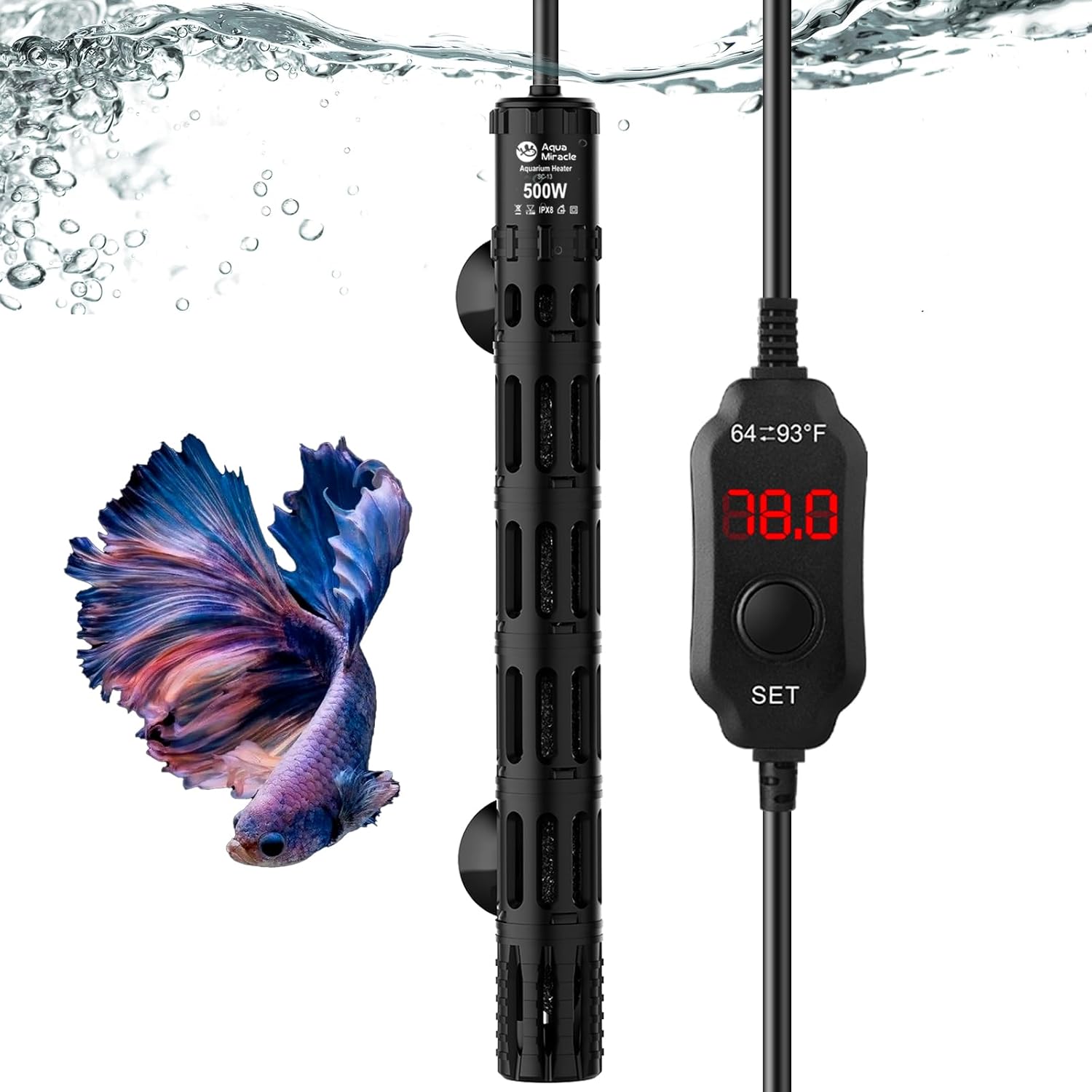 AquaMiracle Aquarium Heater with LED Digital Display Thermostat, Adjustable Fish Tank Heater with Protective Housing, Fish Heaters Turtle Tank Heaters for 75-120 Gallon Tanks(500W)