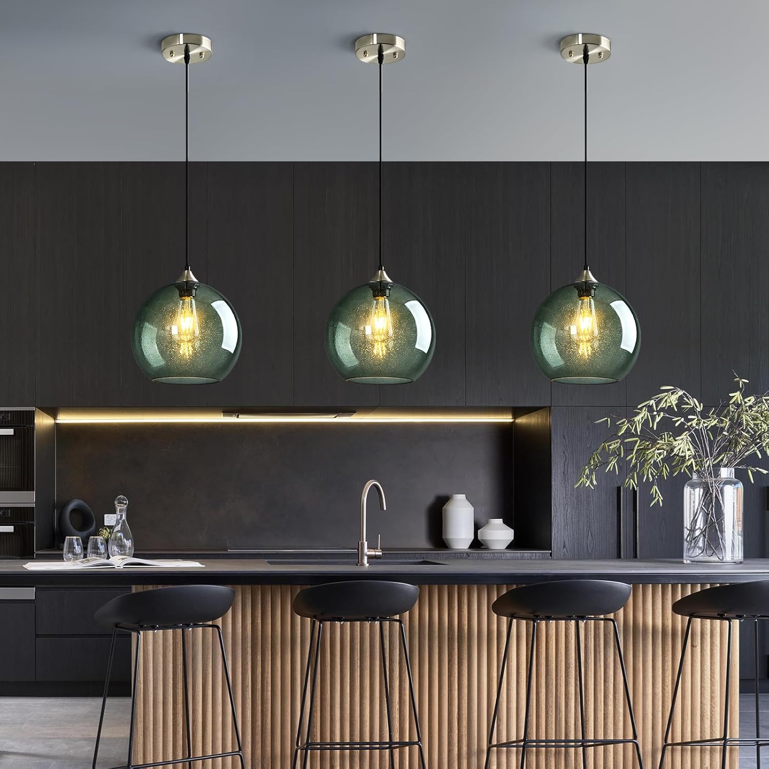Gray Green Glass Pendant Lights Kitchen Island Lighting Globe Pendant Light Fixtures Modern Pendant Lighting for Kitchen Island Bedroom Living Dining Room Light Fixture(9.84in, 1-Pack)