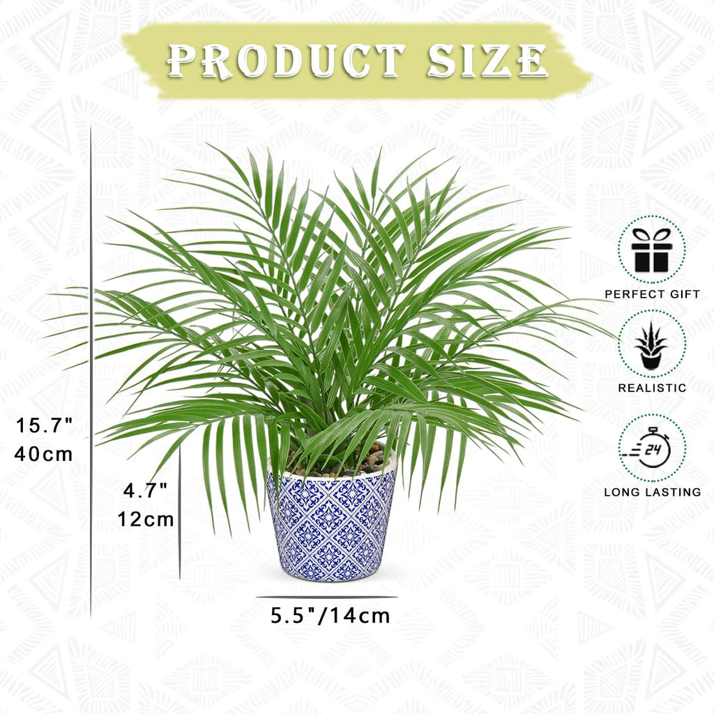 Hollyone Large Artificial Potted Plants Fake Palm Plants 16" Faux Green Plant Plastic Tropical Palm Tree in Blue and White Ceramic Pots Bohemian for Home Room Office House Indoor Decoration