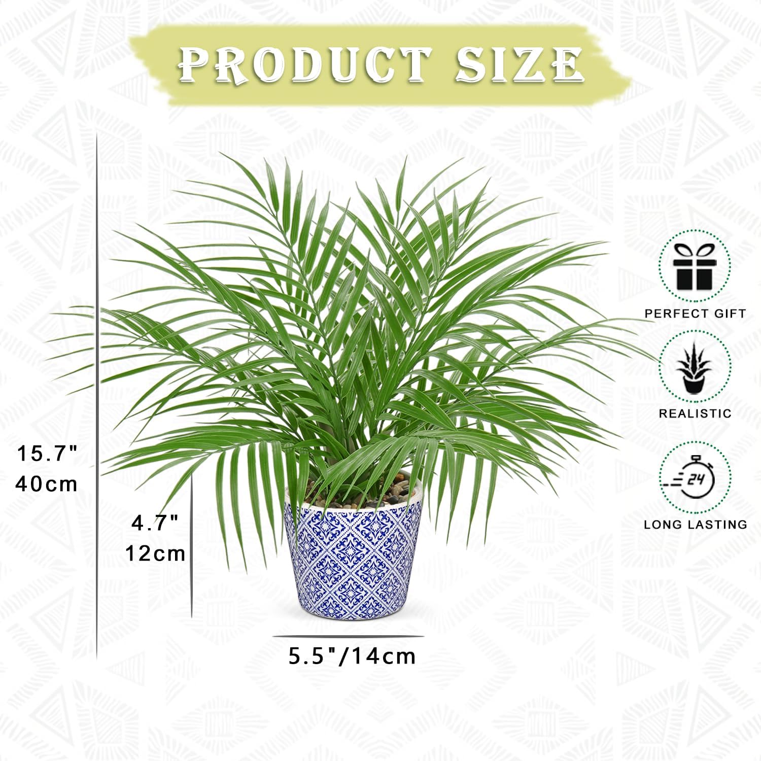 Hollyone Large Artificial Potted Plants Fake Palm Plants 16" Faux Green Plant Plastic Tropical Palm Tree in Blue and White Ceramic Pots Bohemian for Home Room Office House Indoor Decoration
