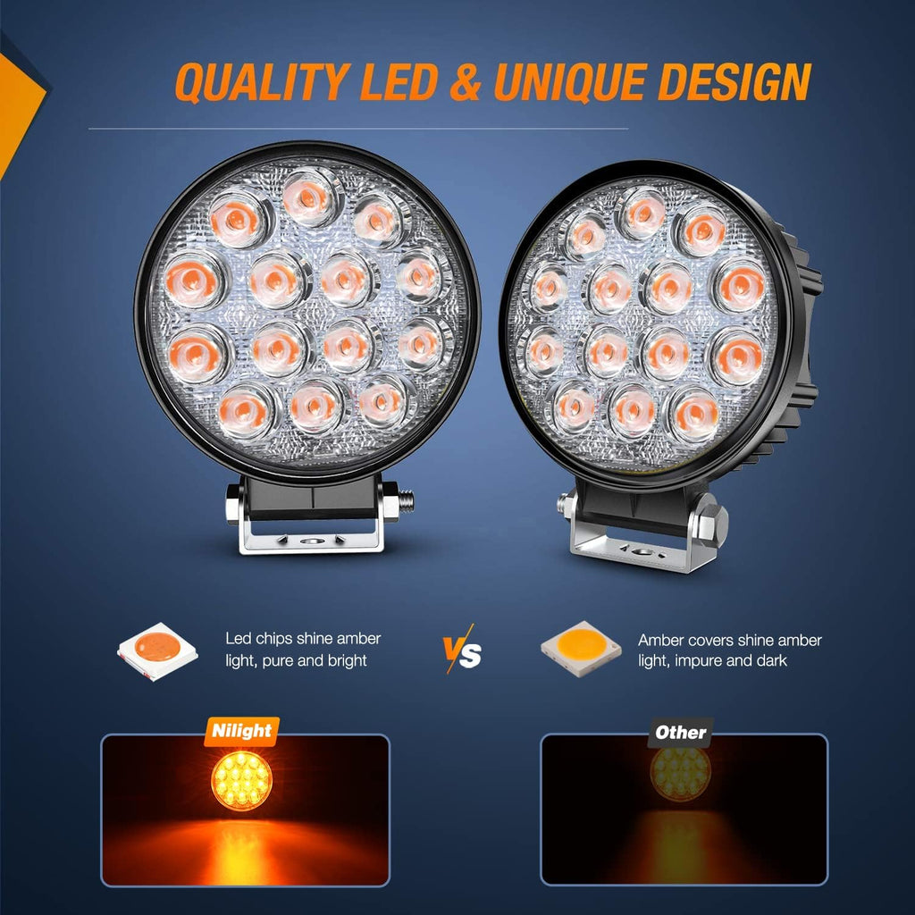 Nilight 4.5Inch 42W 4200LM Amber LED Light Pods Round Flood Lights for Off Road, Roof & Fog - 16AWG Wiring Harness Kit-2 Leads