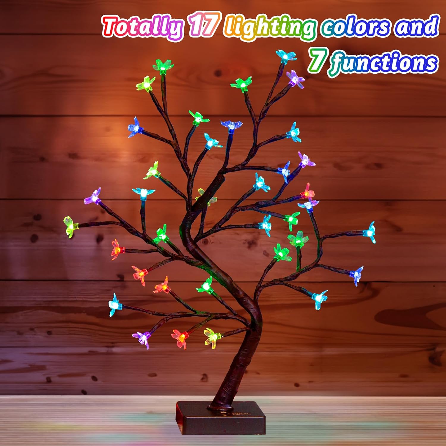 PEIDUO RGBW Cherry Blossom Tree, Light up Bonsai Tree 36 Color-Changing LED, Lit Spirit Tree Lamp with Controller for Christmas Indoor Home Bedroom Tabletop Decoration, USB/Battery Powered, 17.5 Inch