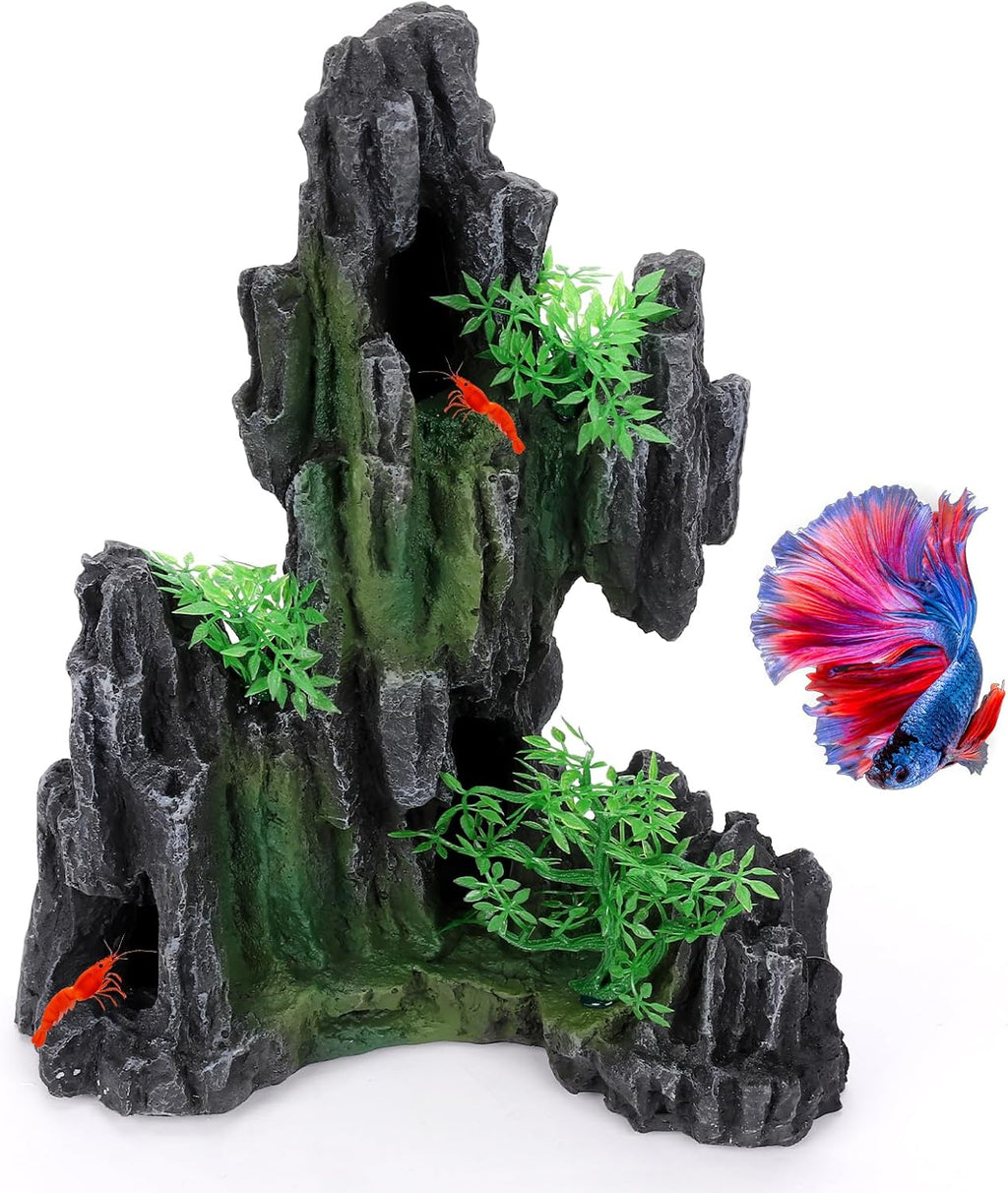 Large Rockery Aquarium Decoration Resin - Mountain View Stone Fish Tank Ornament with Small Caves-Approx. 9.7" L x 5.9" W x 11.8" H(Rockery)