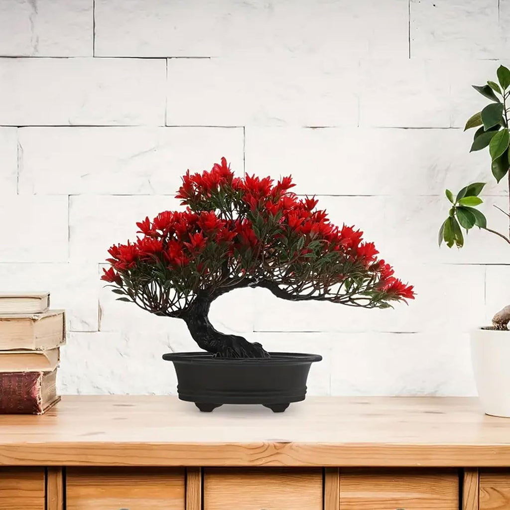 Artificial Plants Greenery Bonsai, Room Decor Fake Bonsai Tree for Home Decor Indoor Bookshelf Office Desk Bathroom Farmhouse Decor (Red)