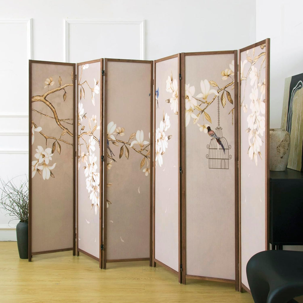 6 Panel Room Divider Folding Privacy Screen,5.6 FT Tall Double Faced Panel Screen,Blackout Panel Divider for Room Seperation,Flower and Bird