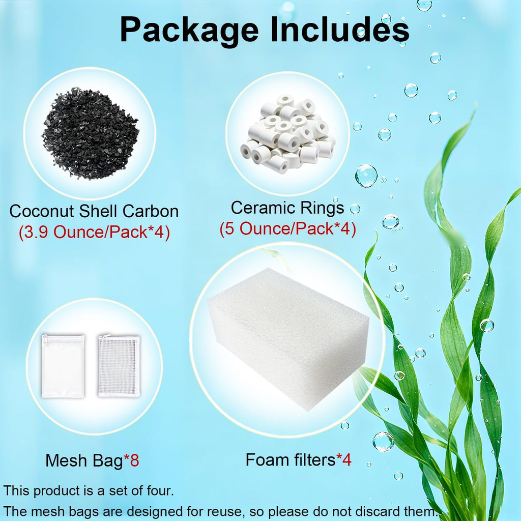 12 Pack Aquarium Filter Media Kit Compatible with Fluval AquaClear 50 Power Filter (20 to 50 Gallon), Includes 4 Ceramic Rings, 4 Carbon & 4 Foam Filter