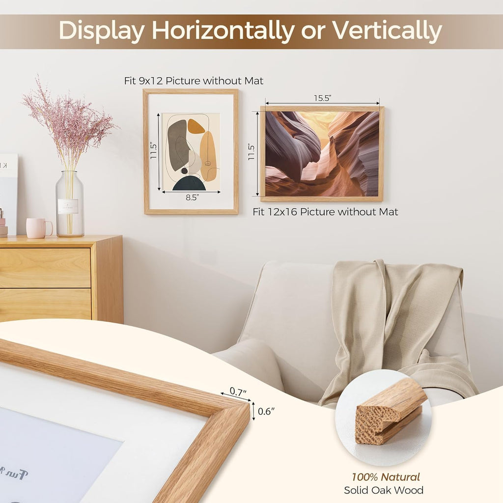Fun Memories 12x16 Picture Frame, Solid Oak Wood Picture Frames, Modern Photo Frame for Wall 12x16 with 8.5x11 Mat, High Definition Plexiglass & Wall Hook Included (Beige, 1 Pack)
