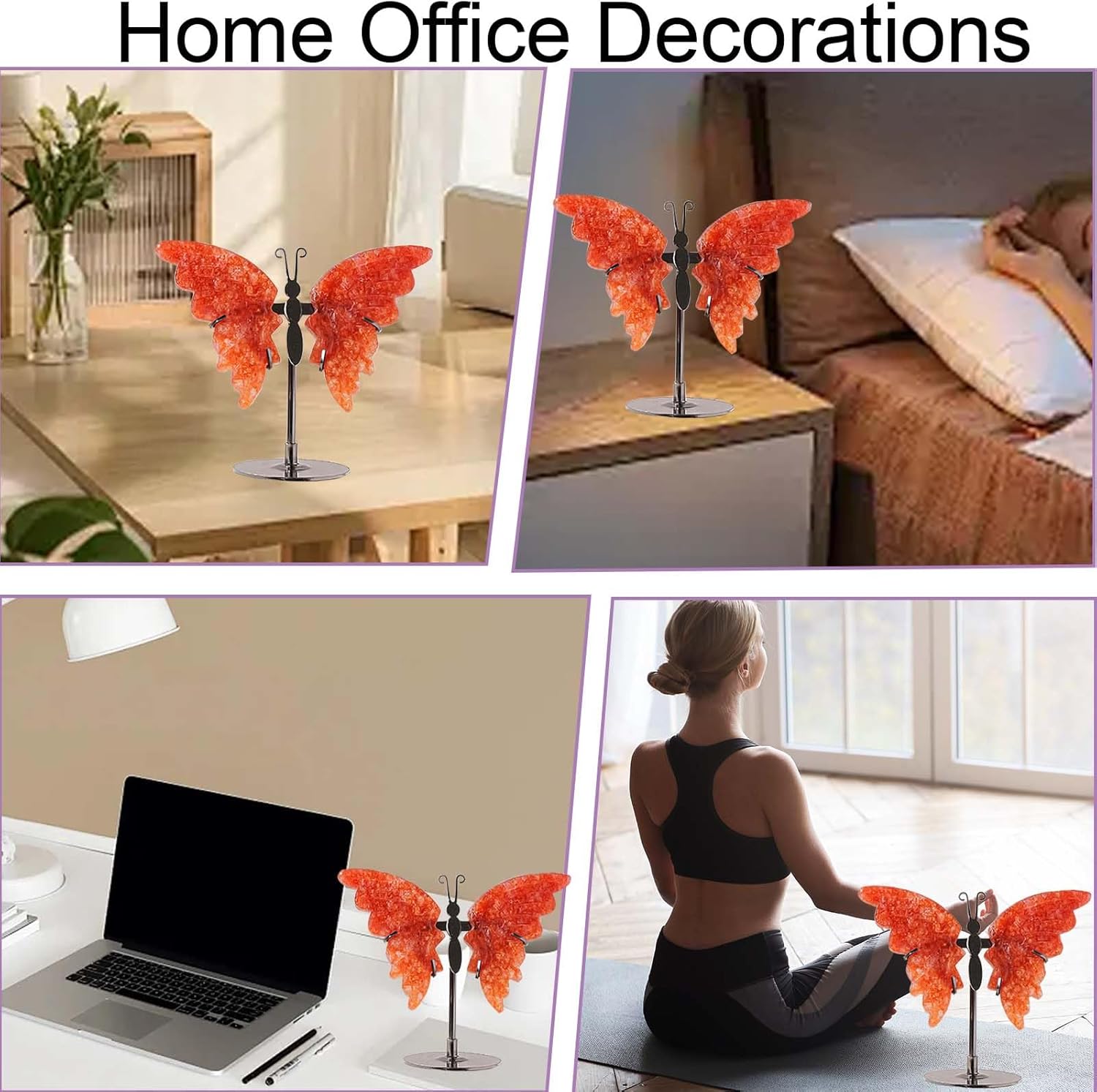Apengshi Crystal Butterfly Ornament, Amethyst Agate Wings, Home Office Tabletop Decor (Strawberry)