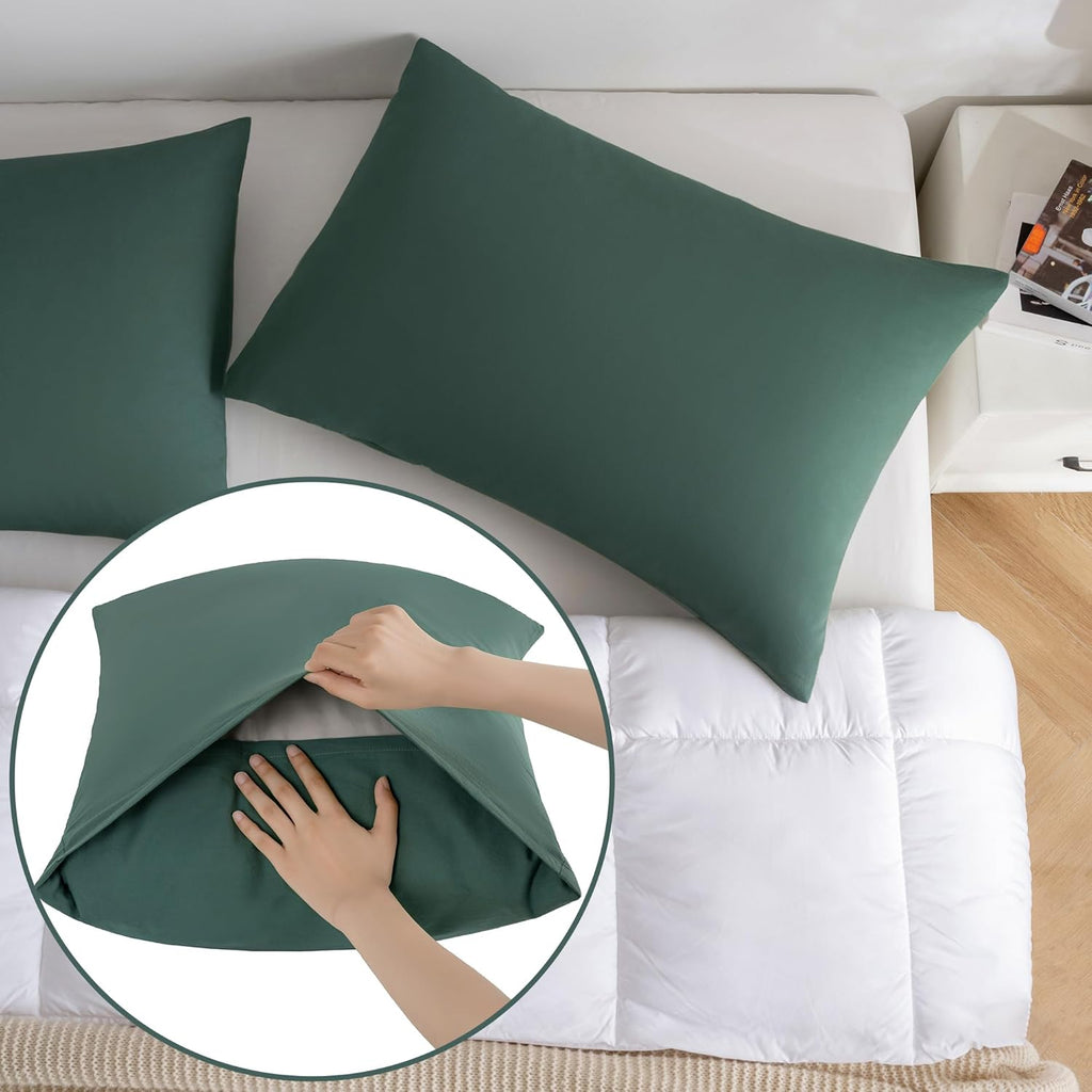 JELLYMONI Pillowcases King Set of 2 Cotton Envelope Pillow Covers Dark Green 20×36in Bed Pillow Cases 100% Washed Cotton Soft Breathable (Pillows are not Included)