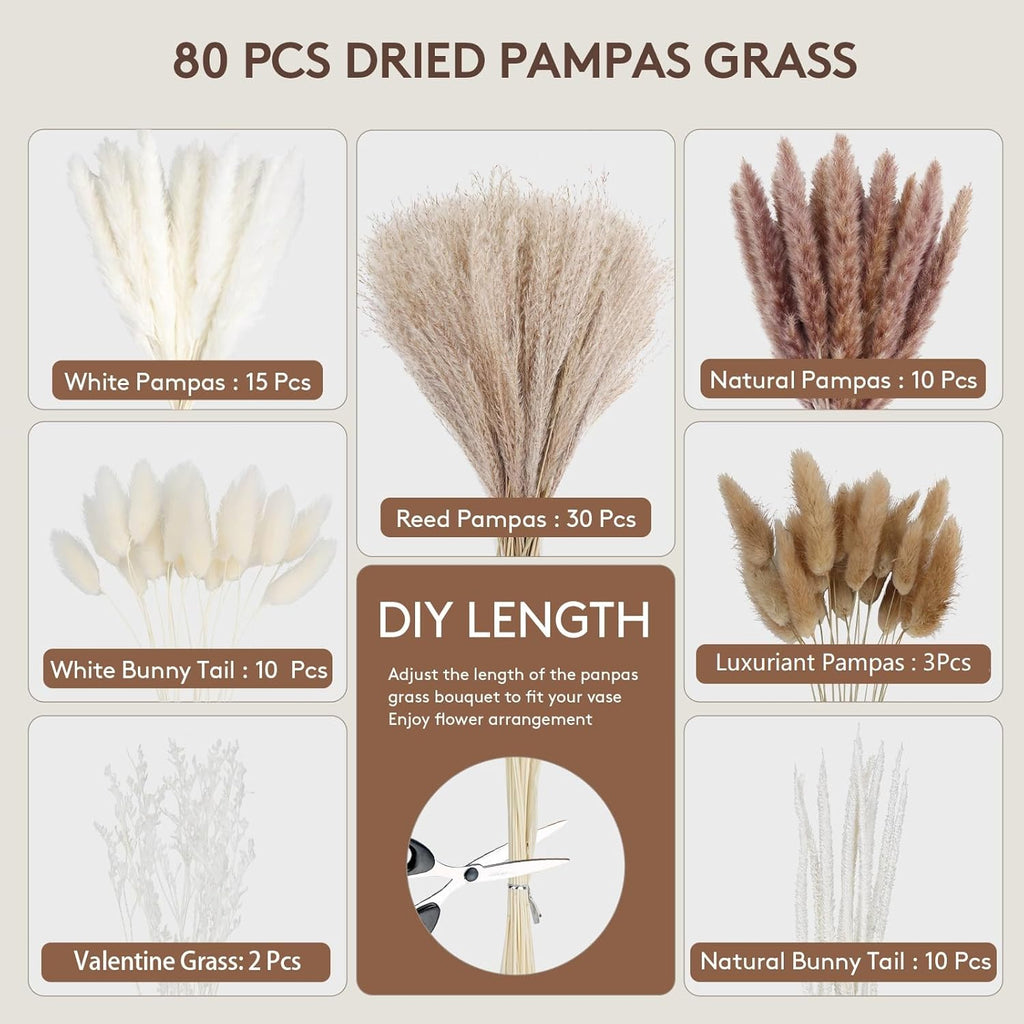 80PCS Dried Pampas Grass Bouquet – Bunny Tails, White Reed & Rustic Florals – Fluffy Donut Vase Filler for Japandi Shelf Styling, Boho Wedding & Neutral Home Decor