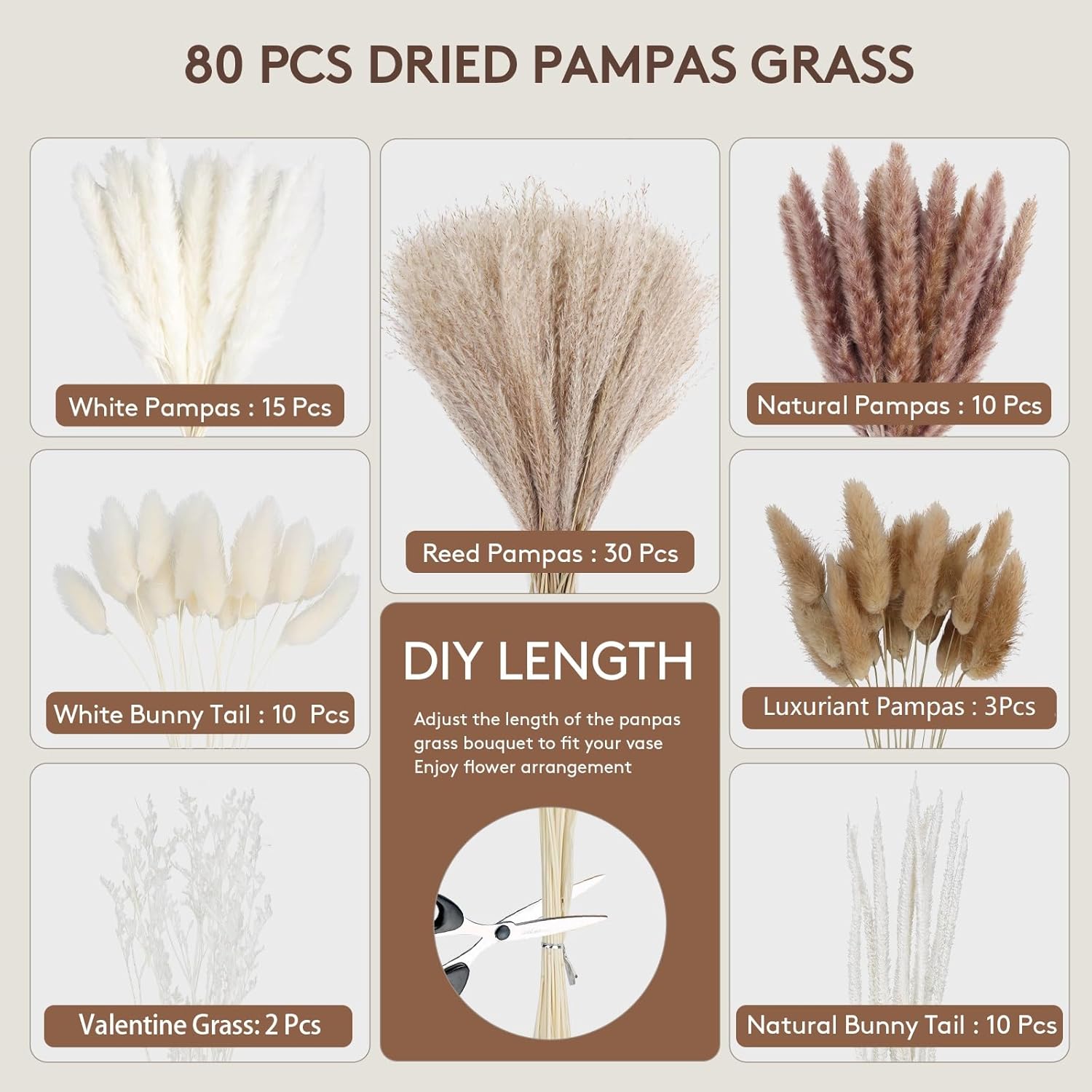 80PCS Dried Pampas Grass Bouquet – Bunny Tails, White Reed & Rustic Florals – Fluffy Donut Vase Filler for Japandi Shelf Styling, Boho Wedding & Neutral Home Decor