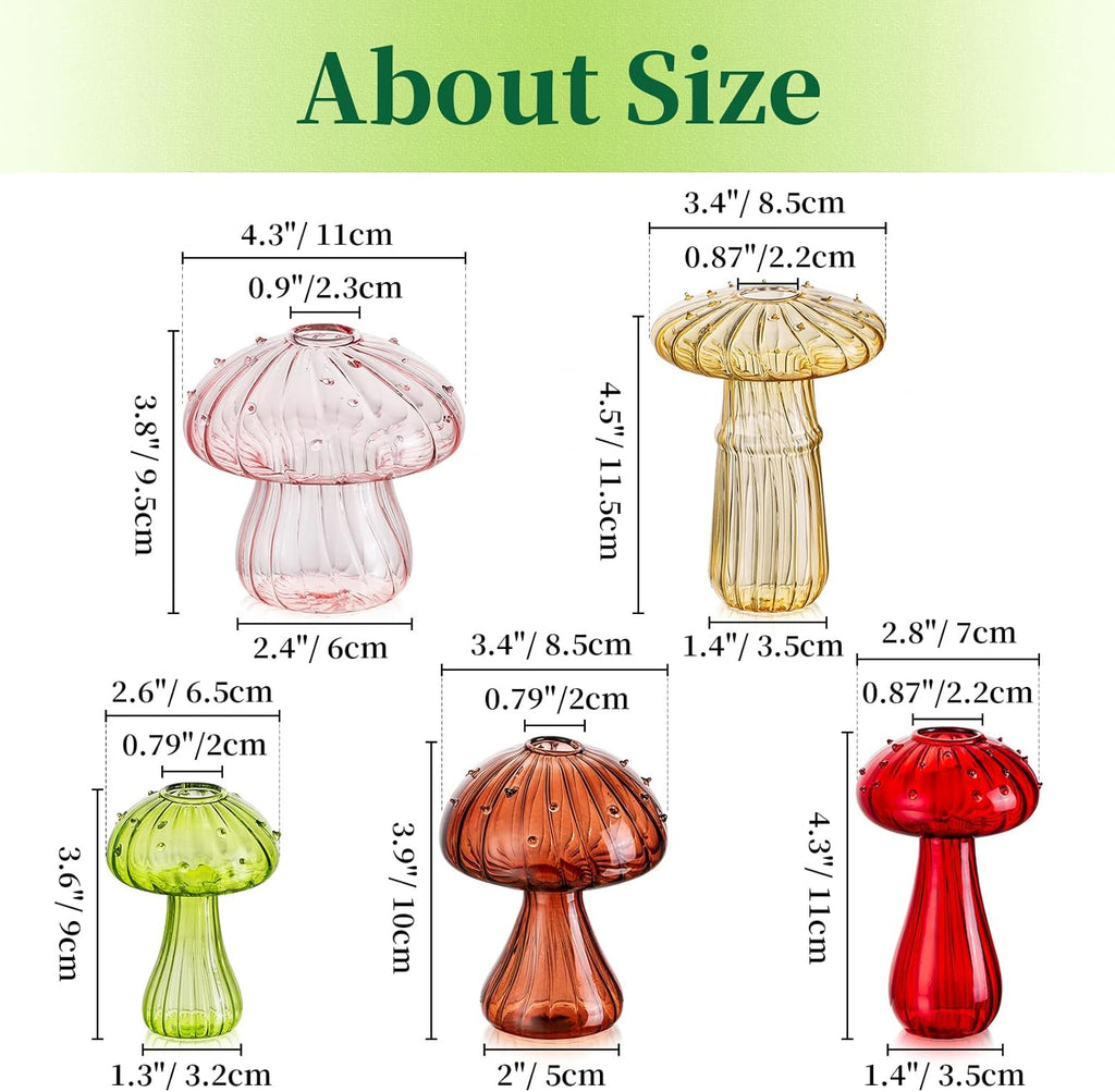 Mushroom Jars for Plants, Hewory 5pcs Colored Glass Mushroom Bud Vase for Flowers, Unique Plant Propagation Stations Propagating Vases Decor, Mini Cute Hydroponic Terrarium Planter for Indoor Planters