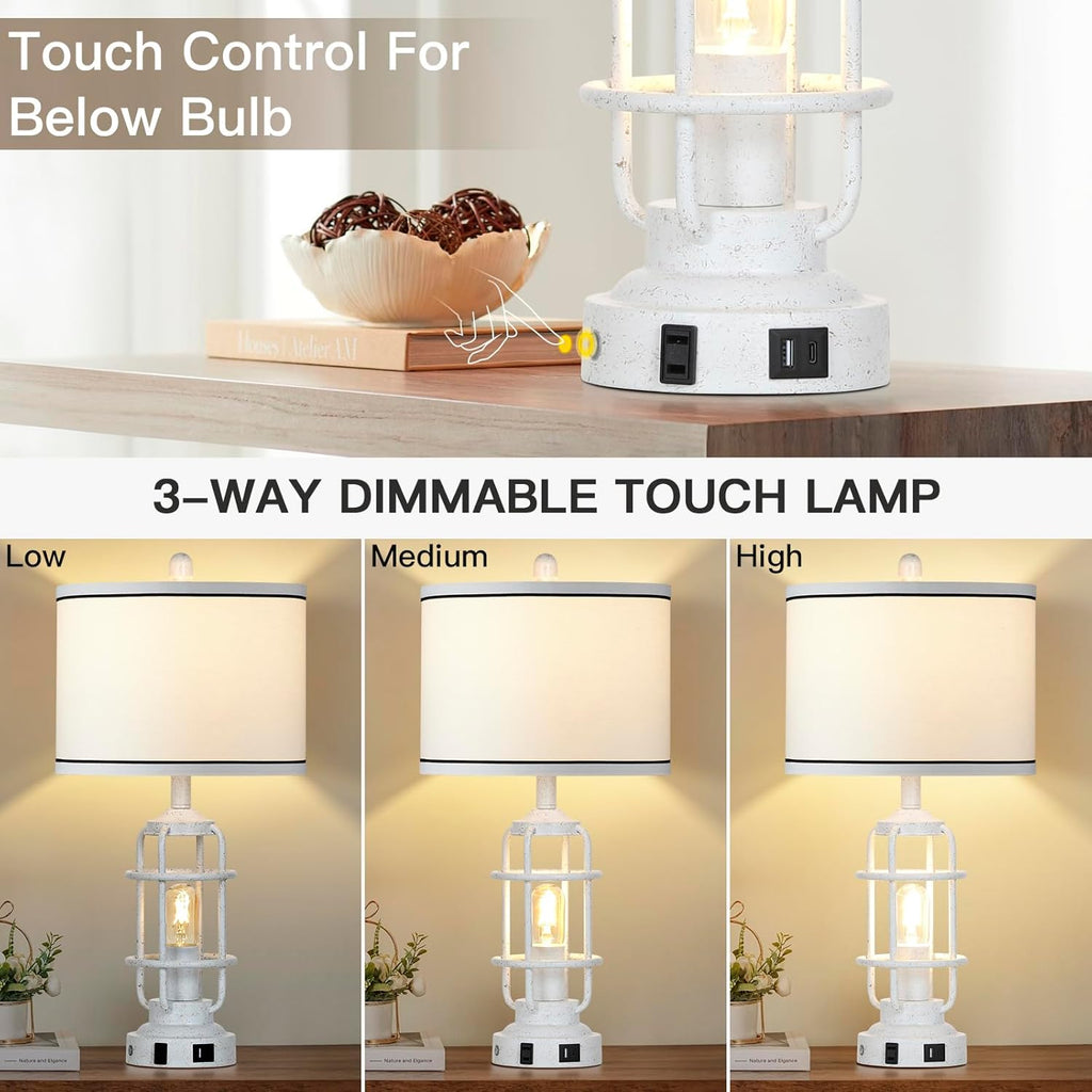 Farmhouse Lamps Set of 2, White Vintage Rustic Industrial Lamps with USB A+C Charging Ports & AC Outlet, 3 Way Dimmable Touch Control Table Lamp with LED Night Light for Living Room Bedrooms Office