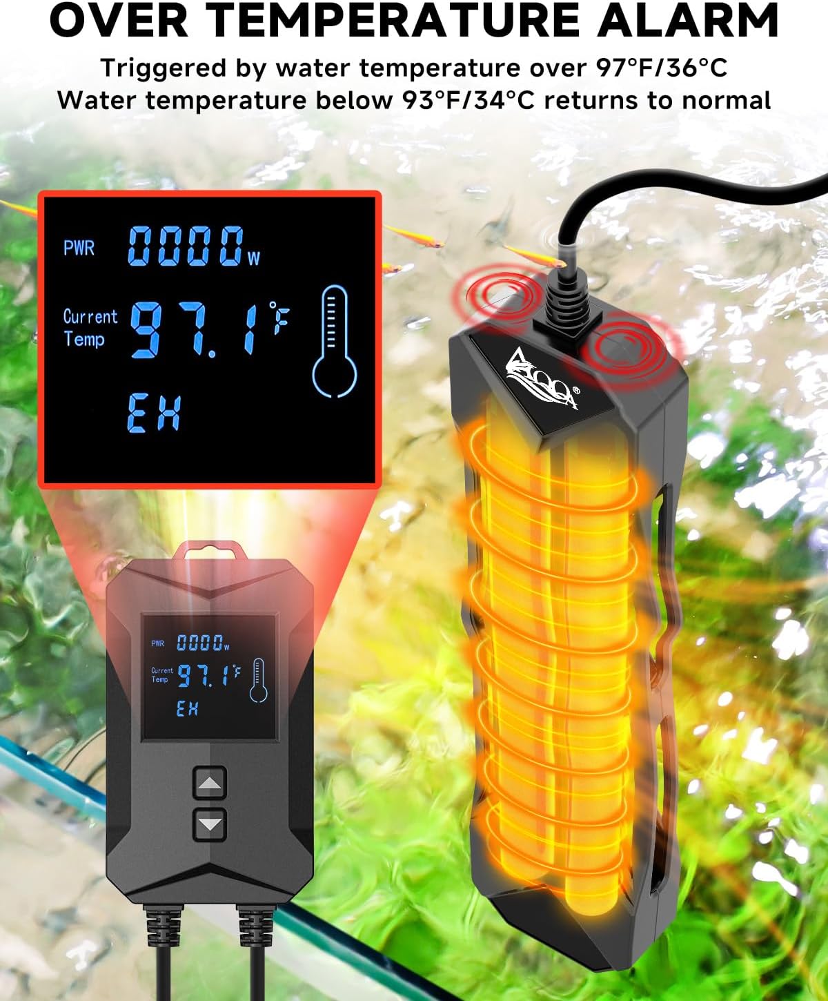 AQQA Aquarium Heater 800W/1000W/1200W/1400W Fish Tank Heater with LED Digital Display 110-120V Submersible No Pond Heaters with Overheat & Dry-Out Protection for Freshwater & Saltwater Tanks (1200W)