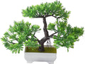 Mini Artificial Bonsai Tree Fake Plants - Artificial Plant Welcome Pine Treewith Plastic Cement Pots for Home Office Décor (Green)