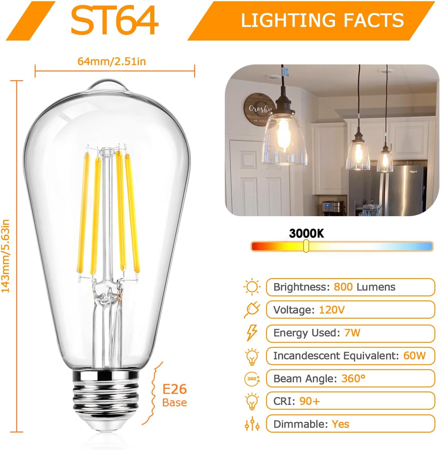 12Packs ST64 Large Vintage LED Edison Bulbs, 60W Equivalent 7W, 800Lumens, Dimmable Antique LED Filament, 3000K Warm White, E26 Medium Base Light Bulbs High Brightness Clear Glass for Bedroom Office